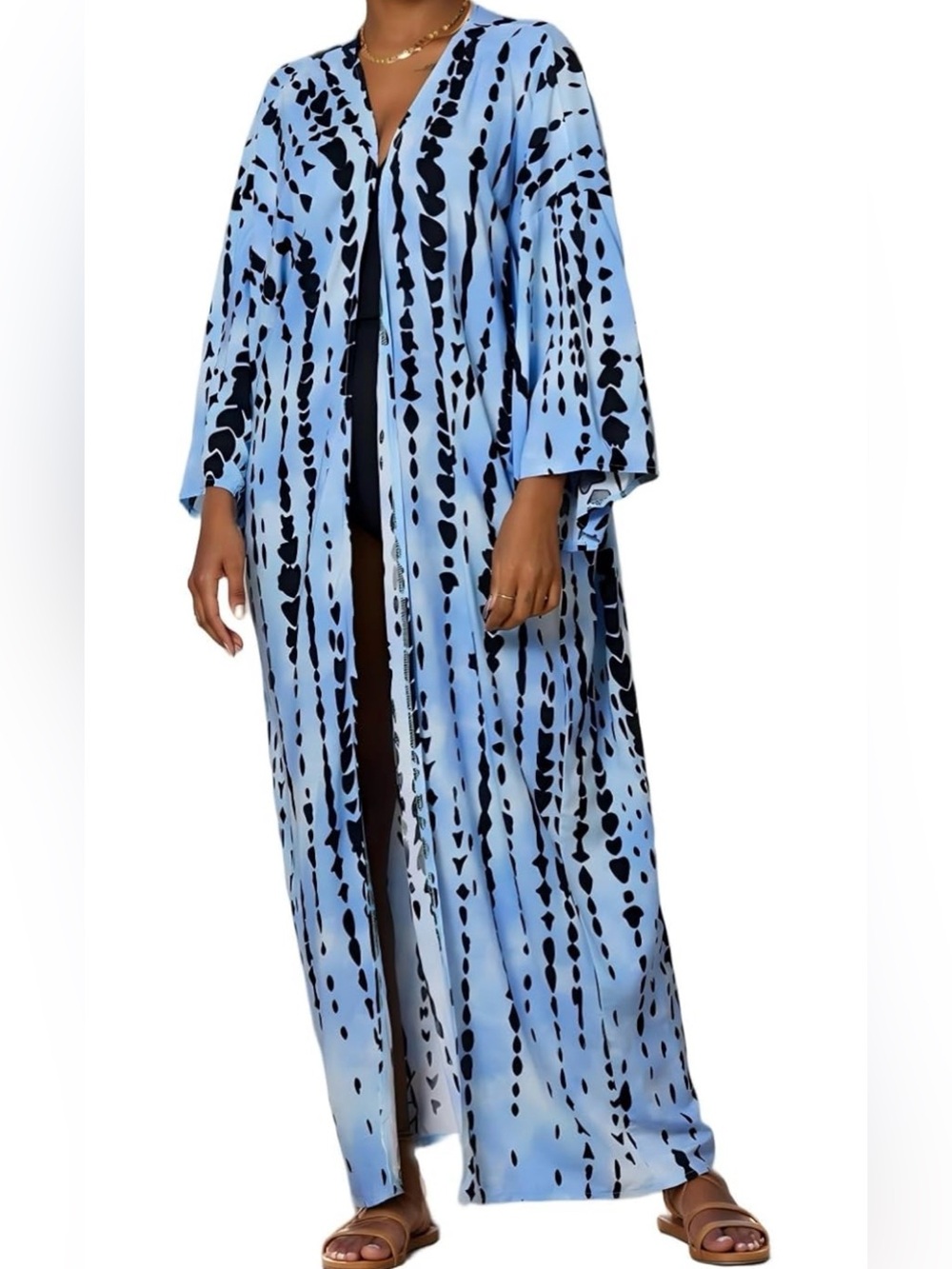Blue & Black Printed Maxi Swim Cover-Up Kimono